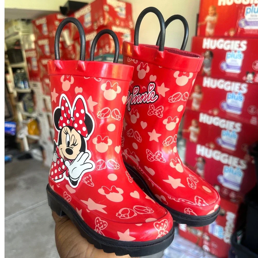 Disney Minnie Mouse Toddler Girl Waterproof Rubber Rain Boots Size 7 Red